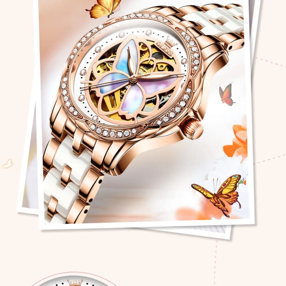 OLEVS  Rose Gold Elegant Butterfly Mechanical Watch for Women